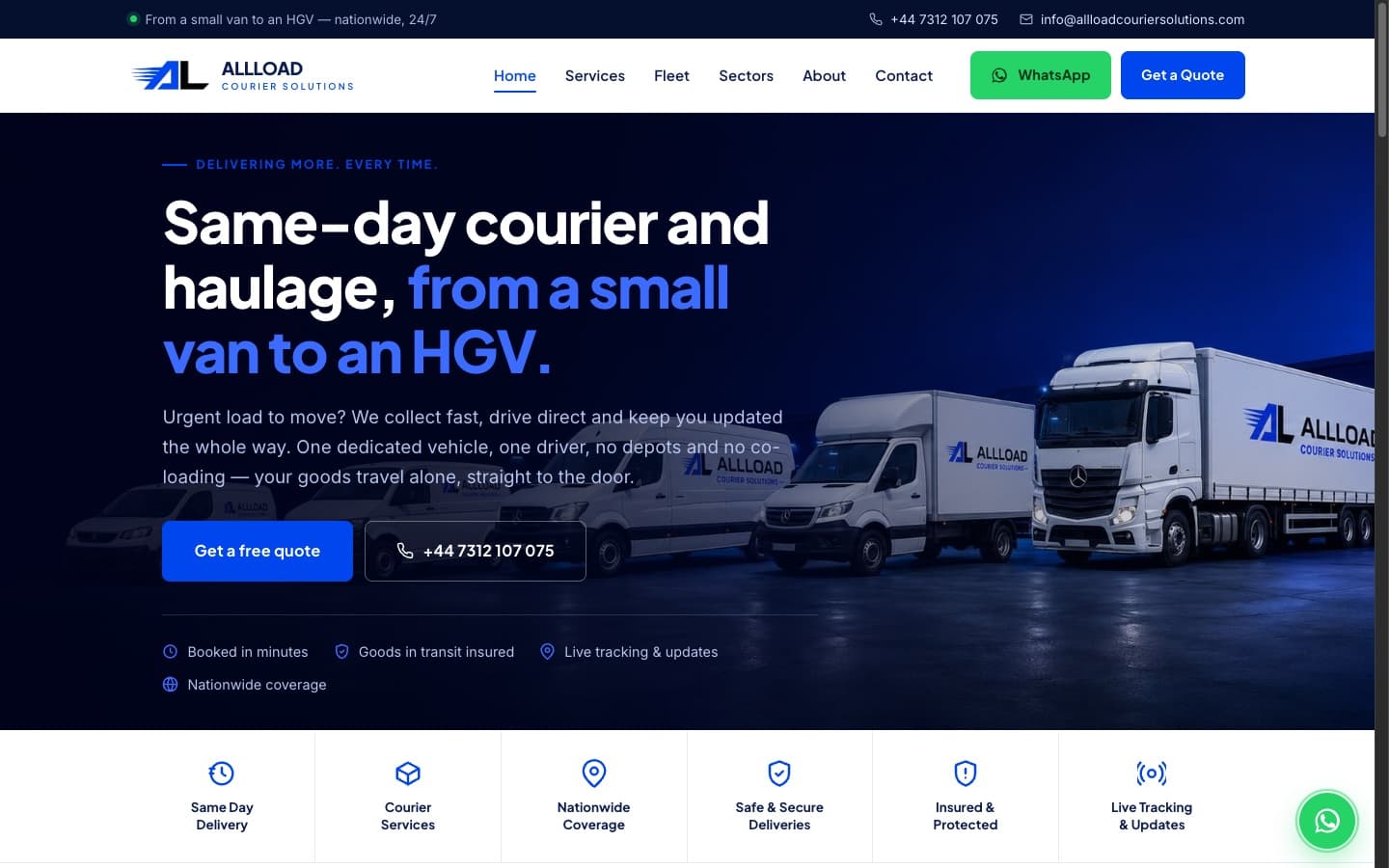 Allload Courier Solutions homepage: same-day courier and haulage, with the fleet from small van to HGV