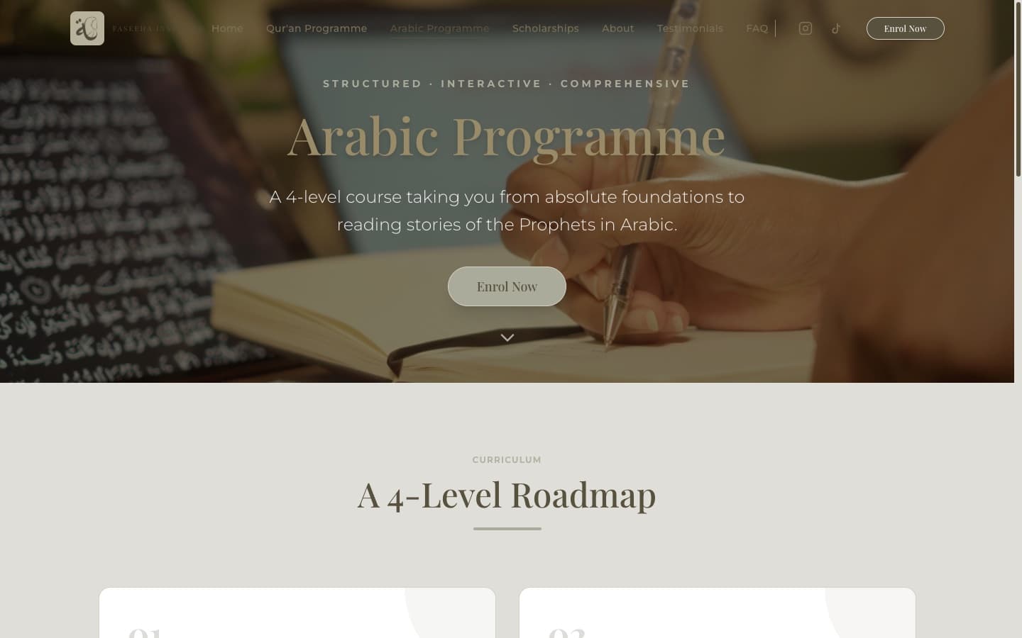 Faseeha Institute Arabic programme: a warm study photograph above the four-level curriculum roadmap