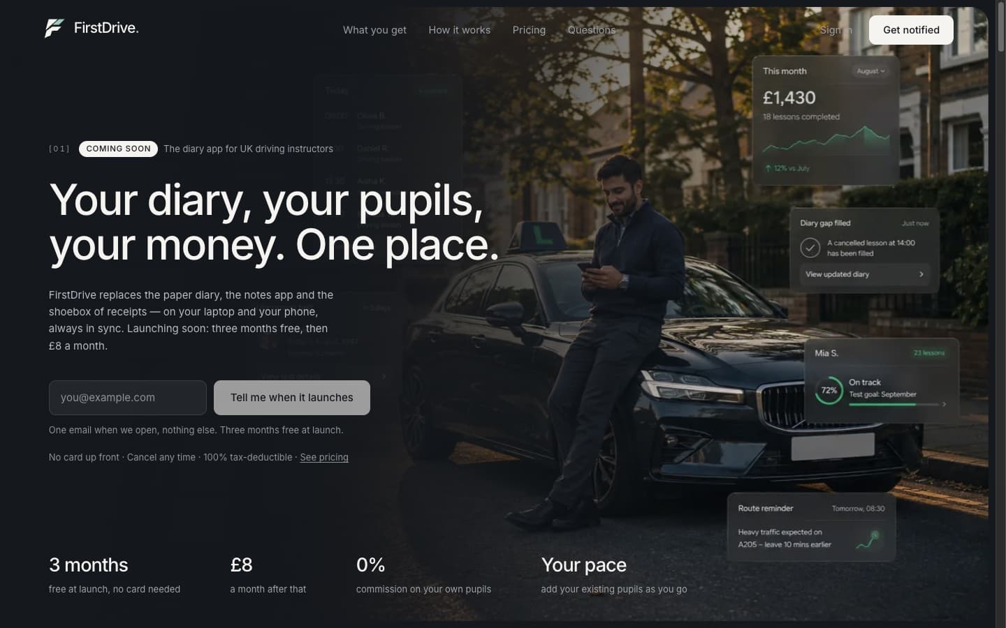 FirstDrive homepage: a driving instructor's diary, earnings and pupil tracking