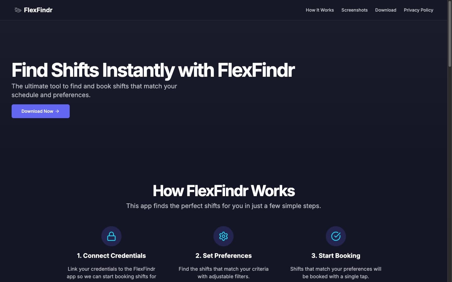 FlexFindr homepage: shift-finding app with its three-step explainer