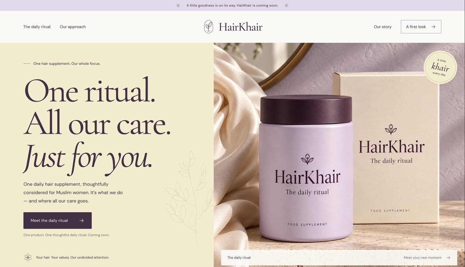 HairKhair storefront: a cream and lavender design introducing its daily ritual hair supplement