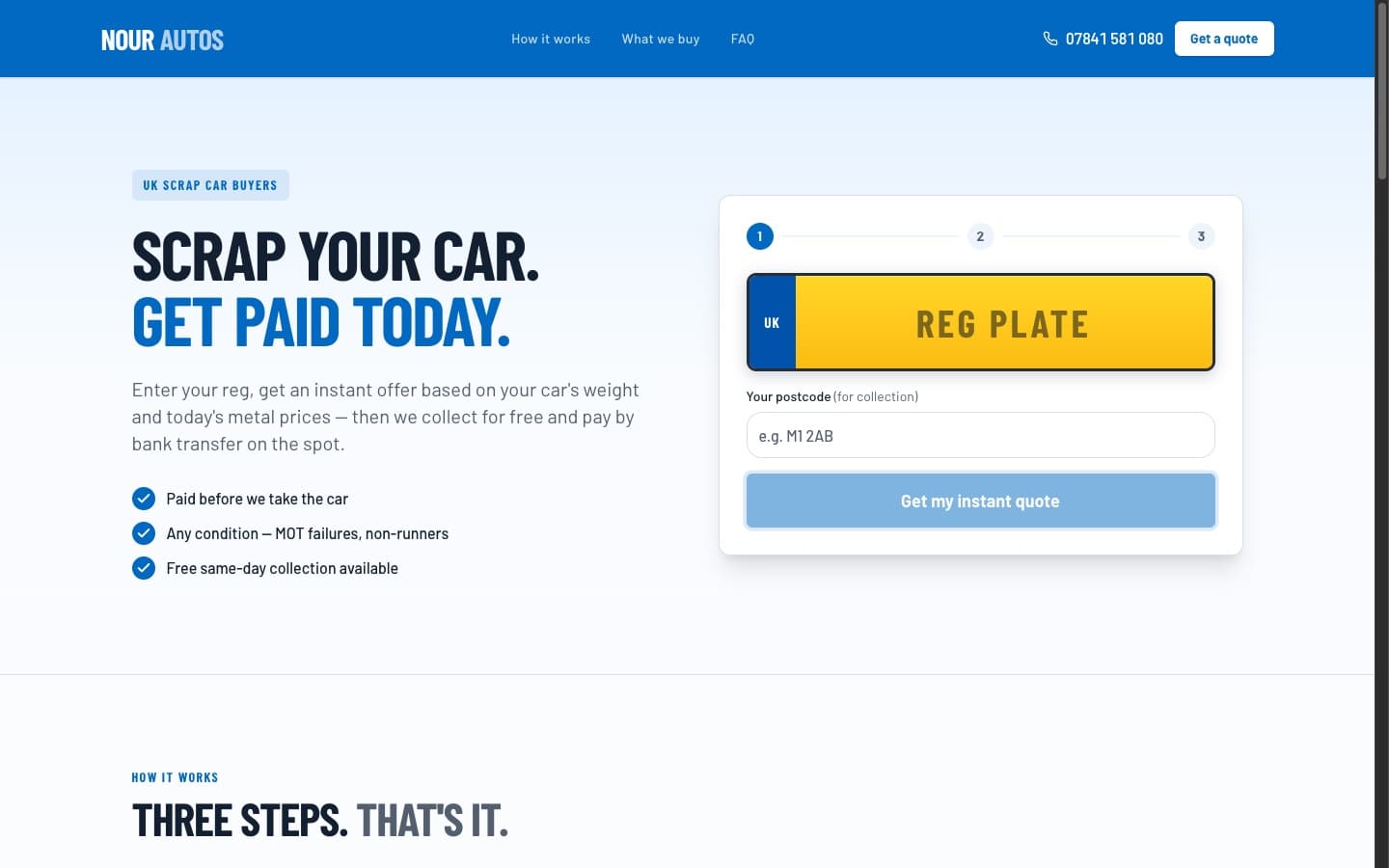 Nour Autos homepage: enter a registration and get an instant scrap offer priced on the car's weight
