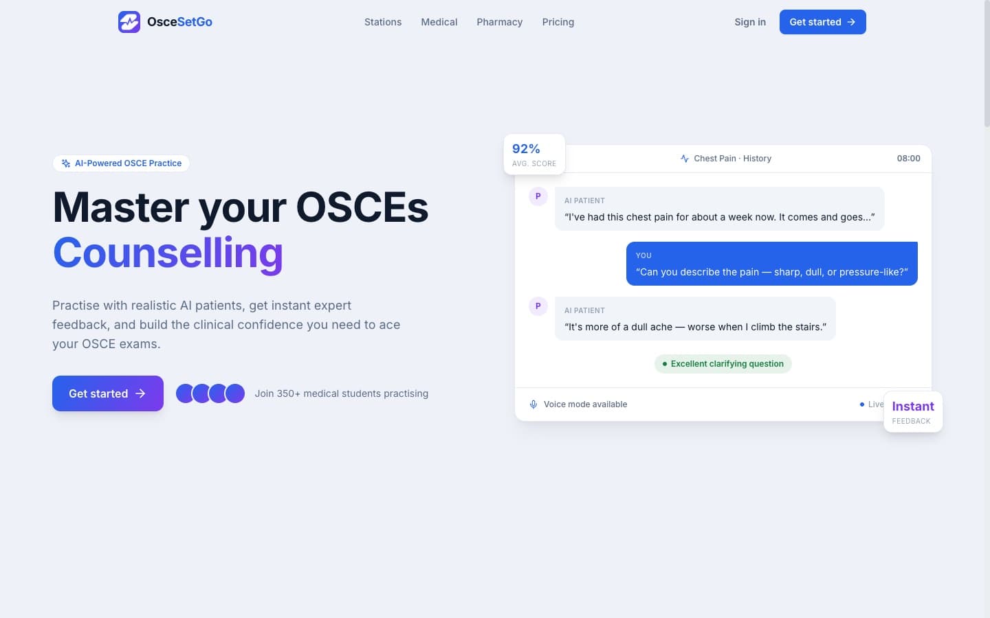 OsceSetGo homepage: AI patient practice with voice consultations and structured feedback
